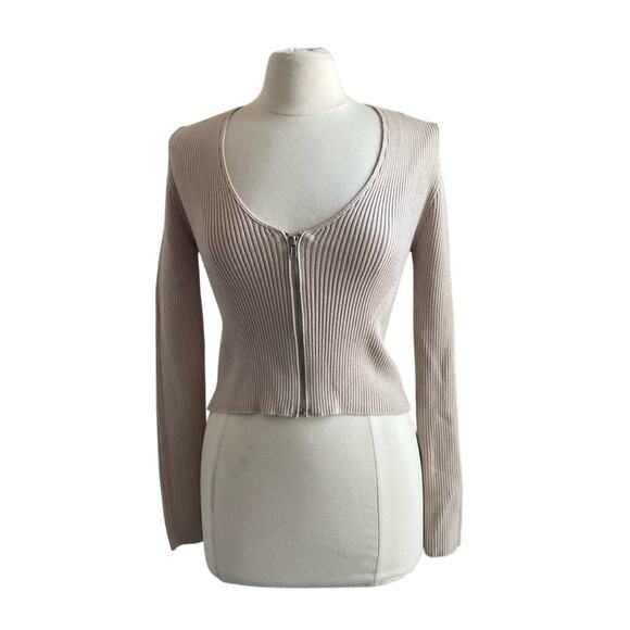 FOREVER 21 Cropped Full Zip Sweater Womens Large Tan Ribbed Boho Chic Festival - Picture 1 of 8